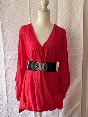 Vision 155 NWT Coral Red Surplice Tunic Blouse XL Long Sleeve Draped Top